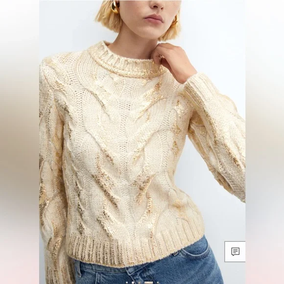 NWT Mango Gold Foil Embellished Crew Neck Cable Knit Sweater M - Picture 7 of 8